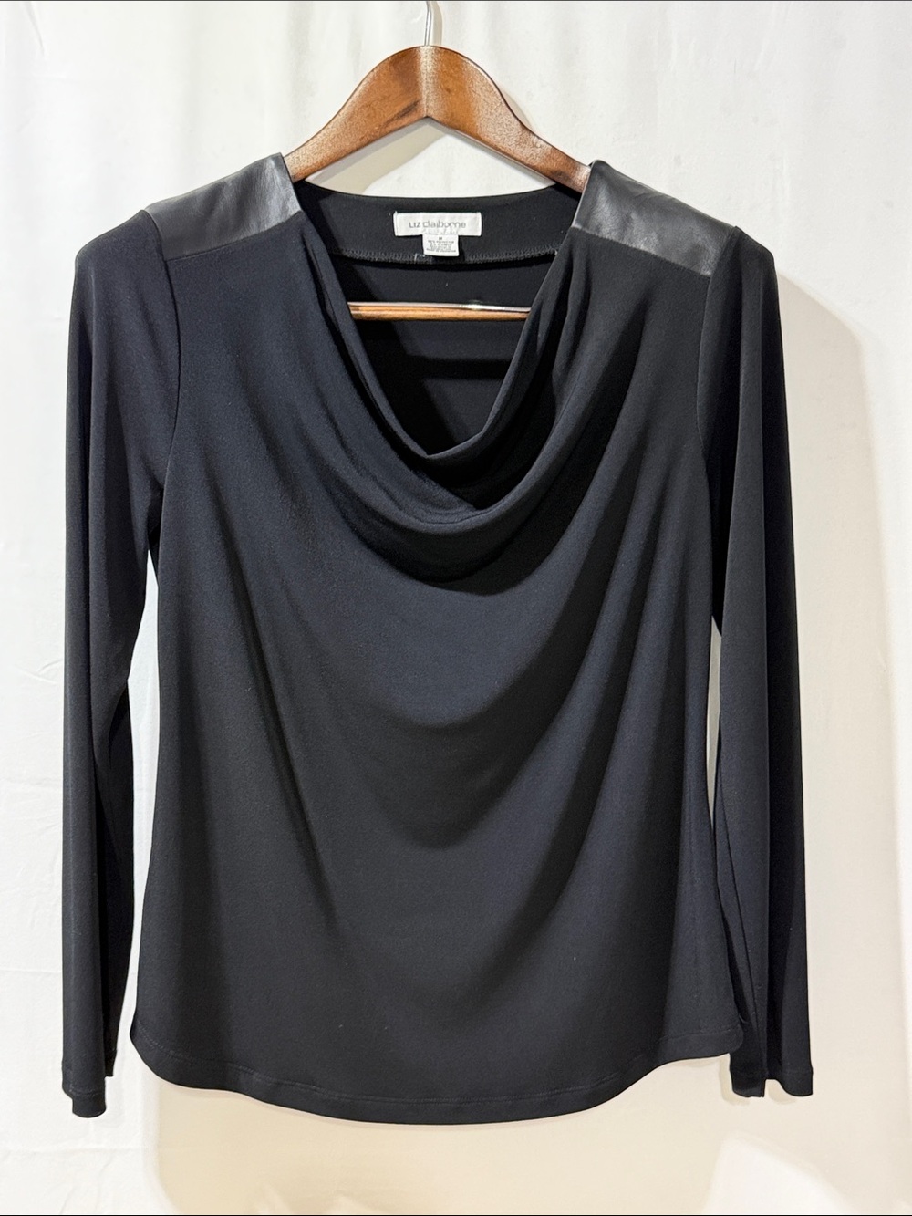 Liz Claiborne Black Drape Neck Top with Faux Leather Shoulders